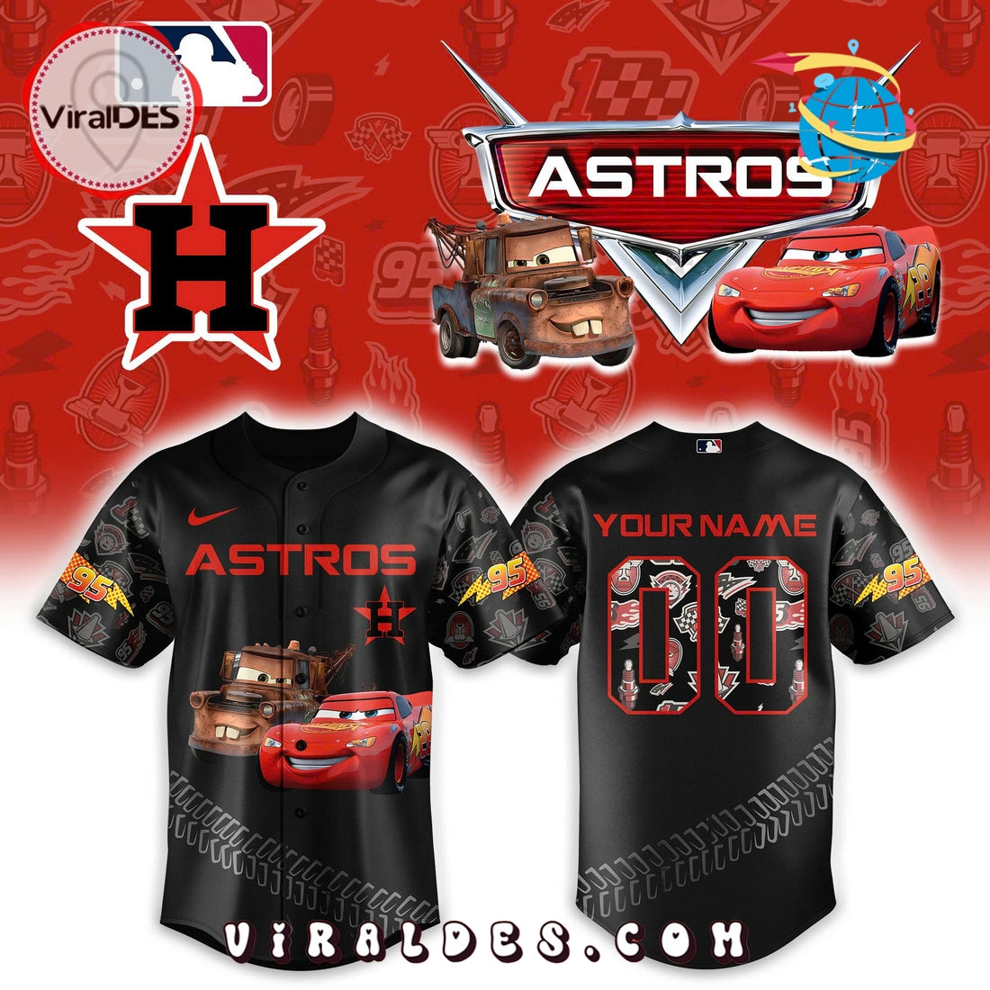 Custom Houston Astros x Lightning McQueen Baseball Jersey